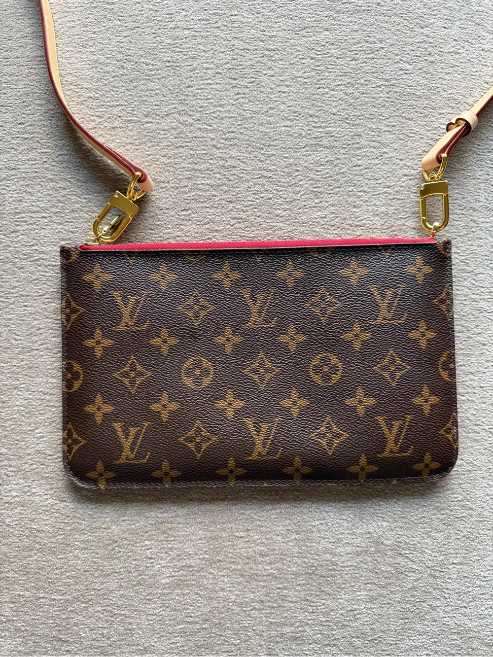 Louis Vuitton Monogram Neverfull Pouch in Brown with Red Trim Authentic